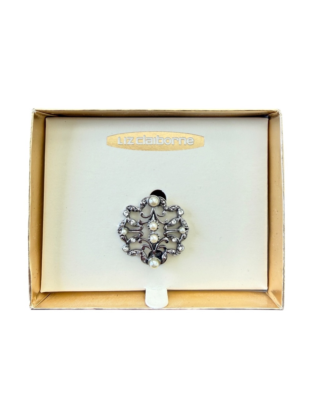 Vintage Y2K Liz Claiborne Faux Pearl Rhinestone Brooch Silver Tone NOS